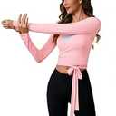 Women's Ballet Wrap Tops V-Neck Long Sleeve Cross Tie for Yoga Pilates Dance Workout Solid-Pink, XS