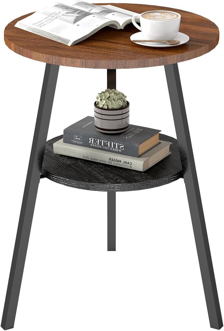 INHABIT UNION Round End Table, 2-Tier Side Table with Storage Shelf for Small Spaces, Nightstand for Living Room, Bedroom, Metal Frame & Wood Top, Walnut