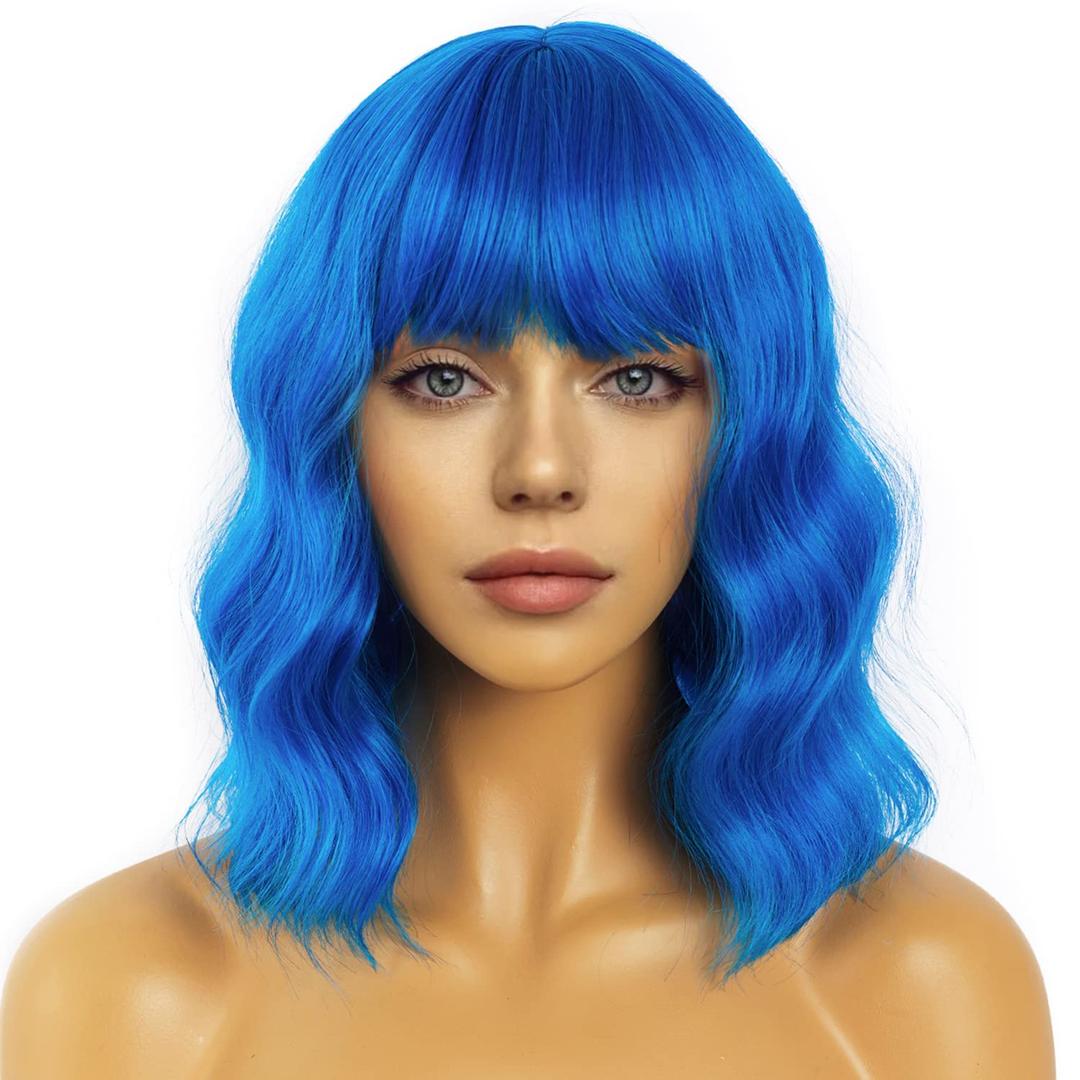 Short Bob Wavy Wig with Bangs for Women Loose Curly Shoulder Length Synthetic Cosplay Wig Bob for Girl Colorful Costume Wigs (Blue)