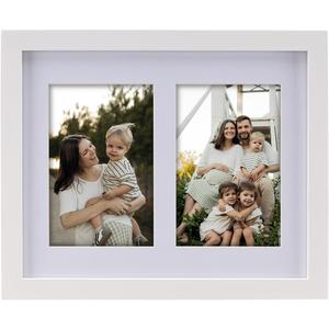 Collage Picture Frame, Double 5x7 Picture Frame with Mat, Fits 8.5X11 or Two 5x7 Photos, Tempered Glass, for Tabletop or Wall Mount-Bright White