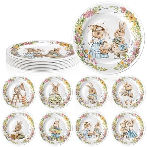 LOYIM 8 Pcs Easter Salad Plates Bunny Dishes 8" 10" Melamine Easter Dinnerware Sets Assorted Designs Ceramic-like Spring Rabbit Plates for Dinner Salad Dessert Birthday Party Supplies(10 Inch)