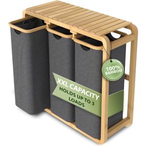 Laundry hamper 3 section grey - Space-saving laundry basket - Up to 40 gallons (5.35 cu ft) of storage - Sturdy bamboo construction - Storage area - Removable, washable laundry bags