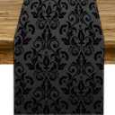 Black Damask Table Runner, Antique Victorian Style Gothic Vintage Black Floral Bohemian Exotic Table Runner for Home Kitchen Dining Table Party Holiday Decor, 13x70inch