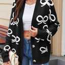 Astylish Womens Open Front Knit Cardigan Sweaters Button Down Bow Printed Outwear Coat with Pockets (M)