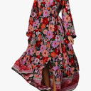 R.Vivimos Women's Boho Floral Print Maxi Dress V Neck Long Sleeve Elastic Waist Casual Flowy Slit Long Sundress