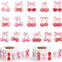 1000pcs Pink Bow Cherry Coquette Sticker Roll (2 Rolls), Watercolor Aesthetic Fruit Decorative Decals, Red & Pink Cherry with Bow Self-Adhesive Stickers for Water Bottle Scrapbook Decor