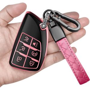 Sindeda for Chevy Key Fob Cover with Keychain Soft Full Protection Key Shell Key Case Compatible with 2021-2025 GMC Yukon Tahoe Suburban 1500 2500HD 3500HD 6-Buttons (Pink)