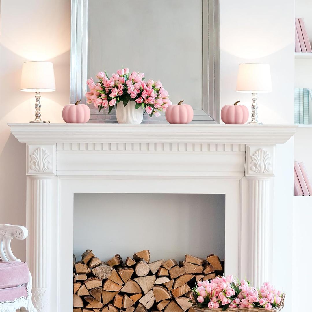 Liliful 40 Pack 4 Inch Fall Harvest Pink Artificial Pumpkins Crafts Rustic Decorative Pumpkin Foam Pumpkins Decoration for Halloween Thanksgiving Wedding Dining Table Centerpiece Decorating
