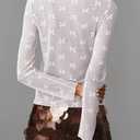 Women Lace Mesh Bow Top Long Sleeve Mock Neck See Through Shirt Polka Dot Embroidered Sheer Layering Tops (White, XL)