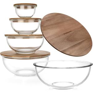 Set of 5 Nesting Glass Bowls with New Updated Acacia Lids for Foodprep, Storage, Mixing & Cooking - Microwave & Oven-ready BPA Free Durable Heat Resistant Inert Borosilicate Glass, large