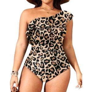 Aqua Eve Plus Size Bathing Suits for Women One Piece Swimsuits One Shoulder Ruffle Tummy Control Swimwear