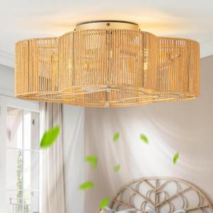 20" Boho Ceiling Fan with Light, Rattan Caged Flush Mount Ceiling Fan with Light Remote Control, Enclosed with 6 Speeds for Bedroom, Living Room, Foyer, Nursery, Small