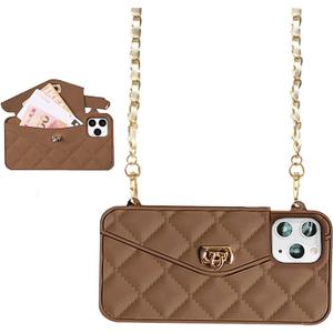 UnnFiko Wallet Phone Case Compatible with iPhone 16, Cute Light Luxury Bag Design, Purse Flip Card Pouch Cover Soft Silicone Case with Handstrap Long Shoulder Strap (Brown, iPhone 16)