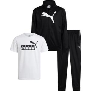 PUMA Boys Pants Set - 3 Piece Athletic T-Shirt, Zip Up Jacket, Jogger Pants - Boys Activewear Tricot Jogset (8-16) (10-12, White/Black Core)