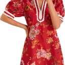 Wenrine Womens Summer Mini Dress Casual Floral Puff Sleeve V Neck Color Block Loose Boho Beach Dresses with Pockets (Medium, Red)