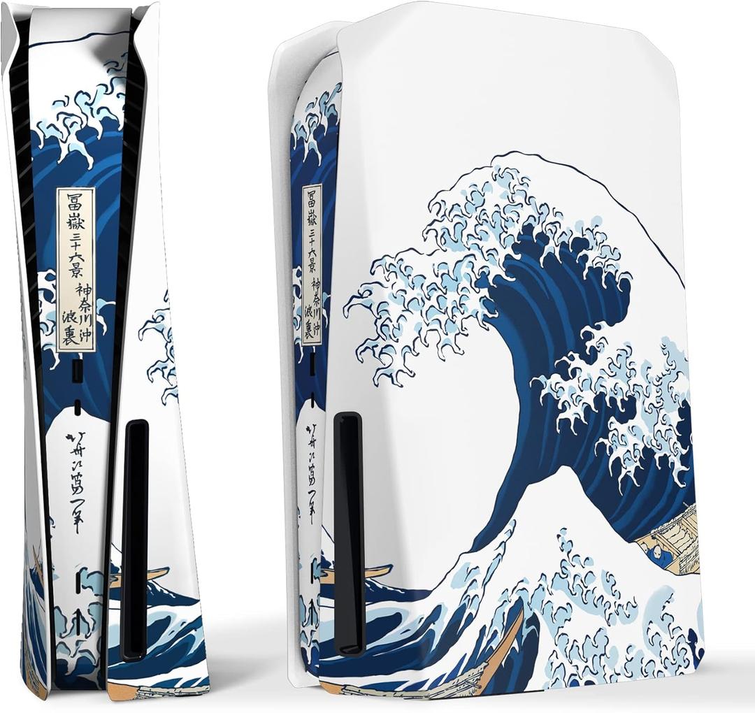 eXtremeRate eXcover The Great Wave Top Bottom Cover Compatible with ps5 Console Disc Edition, Replacement Faceplate Backplate Shell Skin Compatible with ps5 Disc Version Console
