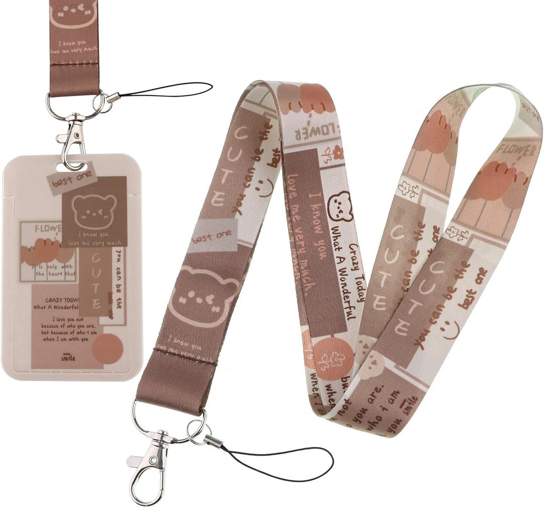 Cute ID Lanyard Badge Holder Key Lanyard for ID Badges Keys for Women Girls Kids Teachers Preppy Kawaii School ID Holder Keychain Strap(Bear)