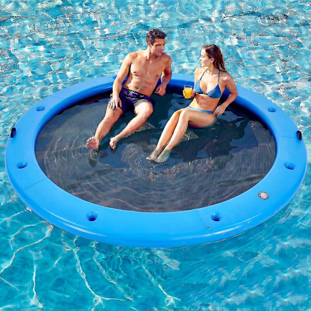 12FT Round Inflatable Floating Dock, Sunchill Float Ring, Water Hammock Tanning Pool Floats with Woven Fabric, Manual Pump for Quick Inflate/Deflate, Fits 2-8, Ideal for Lakes, Oceans
