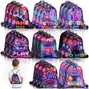 Huhumy 16 Pcs Video Game Party Favor Neon Game Drawstring Bags 12 x 10 Inch Video Theme Gifts Goodie Treat Candy Bags Party Supplies for Boys Girls for Kid Birthday