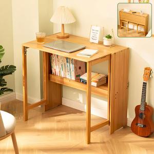 Bamboo Folding Desk Mid Century Modern Desk for Home Office Bedroom Small SpacesNatural, 21.3"D x 32.7"W x 29.5"H