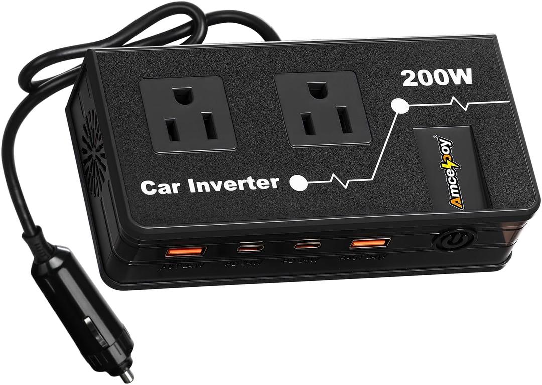200W Car Power Inverter, Amcelooy Dual DC 12V to 110V AC Car Outlet Adapter to Wall Plug, Fast Charging 24W USB-C & USB Ports,Car Charger Cigarette Lighter Adapter for Phone,Laptop on Road Trip(Black)