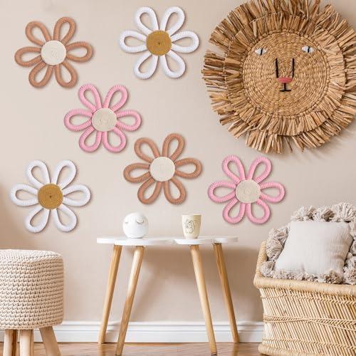 Zeyune 6 Pcs Boho Nursery Daisy Flower Wall Art Decor Woven Macrame Wall Pediments Boho Daisy Floral Nursery Art Decor for Home Bedroom Decorations(Classic Color,Yarn and Cotton Rope)