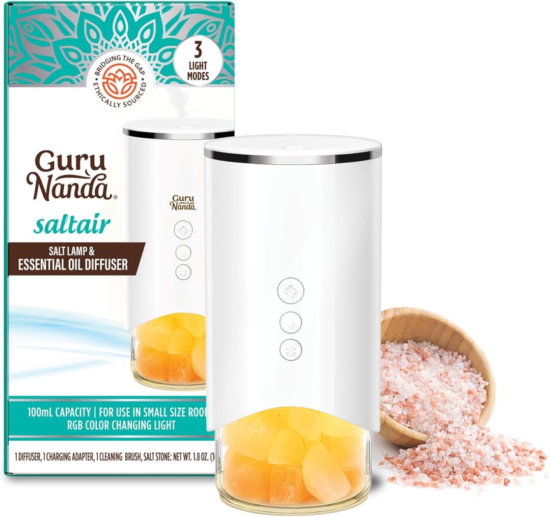GuruNanda Saltair Lamp Essential Oil Diffuser & Humidifier Aromatherapy Mist with Changing Light - Himalayan Salt - White - 100mL