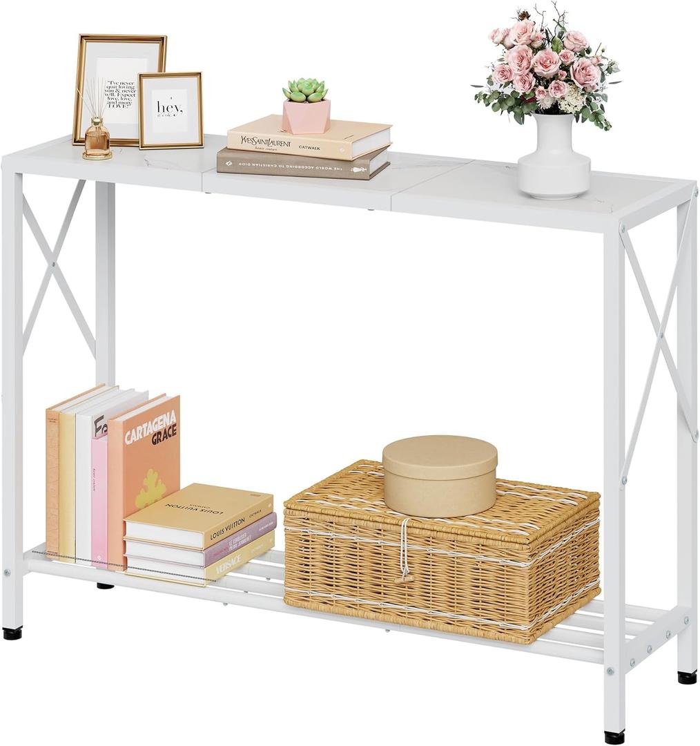 Tajsoon Console Table 41.8, 2-Tier Entryway Table Narrow Sofa Table with Shelves, Entrance Table with Stable X-Frame, for Entryway, Hallway, Living Room, Foyer, Corridor, Office, White
