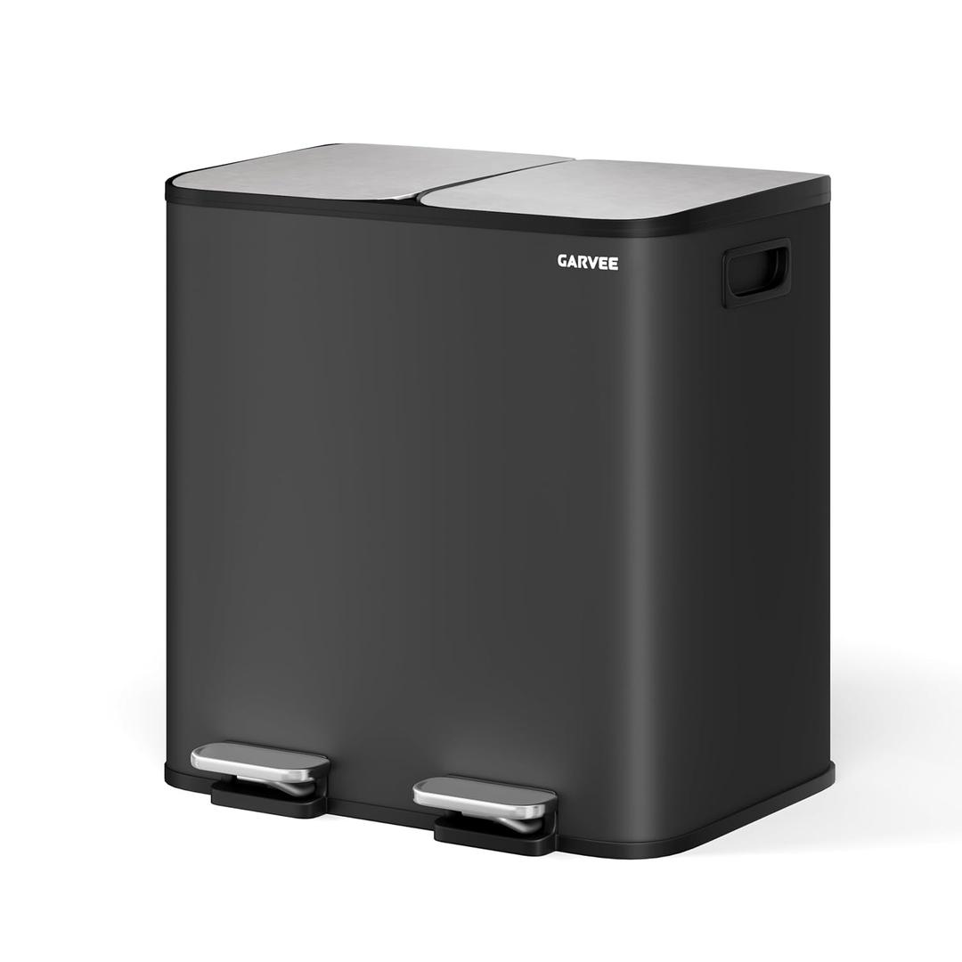 Garvee Trash Can, 2 x 4 gal (2 x 15 L) Garbage Can for Kitchen Dual Compartment Recycling Kitchen Step Trash Bin, Stainless Steel Trash and Recycle Bin Combo with Soft-Close Lid,Black