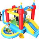 Inflatable Bounce House with Slide, Jumping Castle with Blower and Wave Pool, Basketball Rim, Football Goal