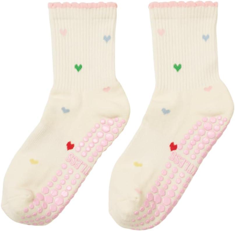 Shapes Studio Crew Half Calf Grip Socks, Cutest Fruits Pilates Socks, Ruffle socks, Non-Slip, Barre Yoga Fitness (5-10, Mini Heart Petal)