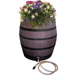 Rescue 50-Gallon Whiskey Rain Barrel with Black Bands  Includes Planter, Rain Water Diverter, Outlet Hose  Flatback Design  Brown