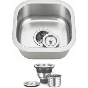 ORLANDO 13x13 inch Undermount Bar Sink – 18 Gauge 304 Stainless Steel Single Bowl small Kitchen Sink with Basket Strainer for Wet Bar, RV & Kitchen Island, 13-3/8''x13-3/8''x7''