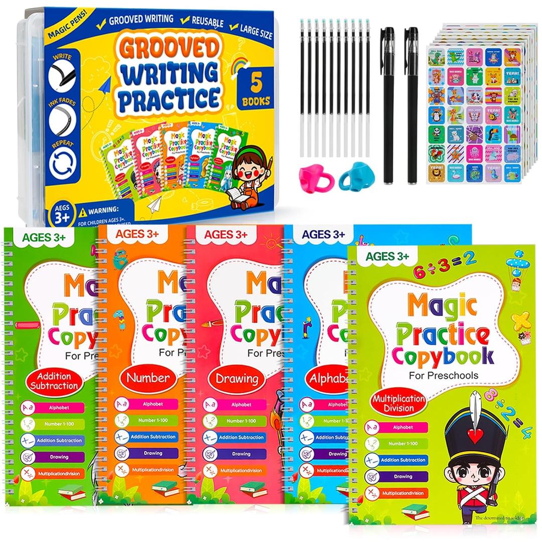 Magic Grooved Writing Practice Books for Kids Age 3-5 6-8, Reusable Large Size Grooved Writing Practice Copybooks, Handwriting Practice, Kids Writing Helper
