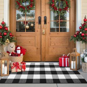 KIMODE Buffalo Plaid Outdoor Checkered Rug 24"x51", Christmas Door Mat Outside Entrance, Black and White Washable Farmhouse Layered Doormat for Front Door Porch Kitchen Entryway Christmas Decor