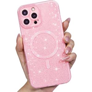 for iPhone 14 Pro Max Case Glitter Compatible with Magsafe, Girly Cute Sparkly Magnetic Mag Safe Pretty Phone Case for Women, Bedazzled Bling Sparkle Slim Bright Silicone Rubber, Light Pink