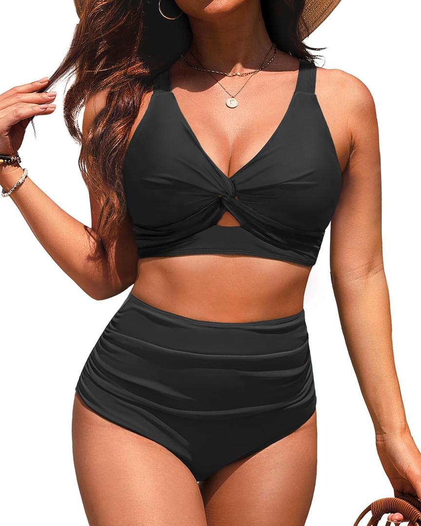 Women High Waisted Bikini Sets - Two Piece Tummy Control Swimsuits Cut Out Twist Bathing Suits 2025 Swimwear (XX-Large, Black)
