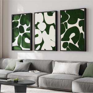 Large Framed Green and White Abstract Wall Art for Living Room, Set of 3 Minimalist Canvas Prints Paintings Artwork for Walls, Mid-Century Modern Pictures for Entryway, Hallway Wall Decor 24x36 In (Block)