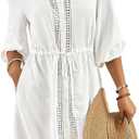 Bsubseach Swimsuit Coverup for Women V Neck Bathing Suit Cover Up with Pocket Drawstring Button Down Beach Shirt Dresses (White, S)