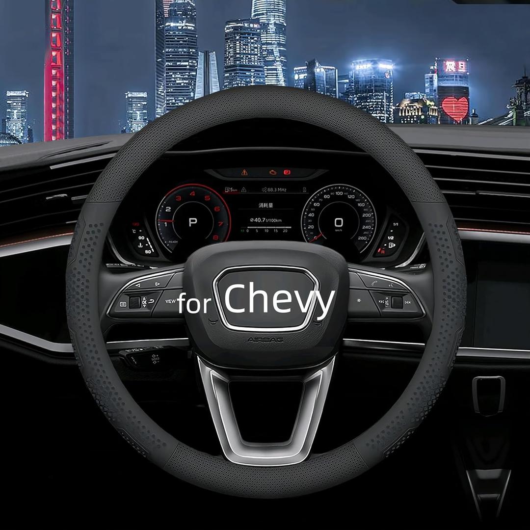 Leather Steering Wheel Cover for Chevy Silverado 1500 2500 3500, 14.5-15 inches Car Steering Wheel Cover with Non-Slip Breathable (Black)