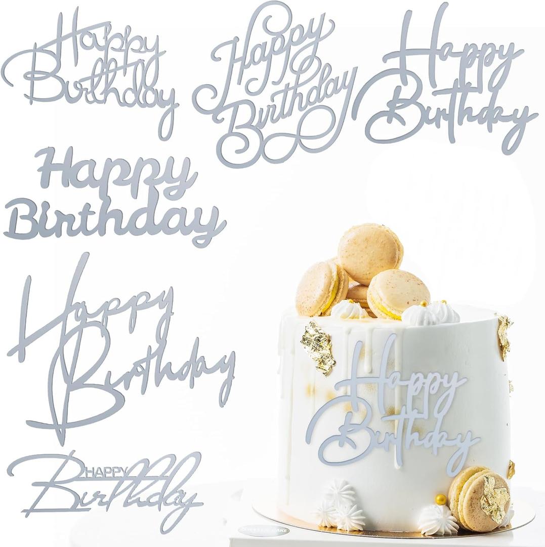 6 Silver Happy Birthday Cake Topper Set: Acrylic Cake Signs, Side Mirror Inserts & Cupcake Accents for Dessert Party Decor