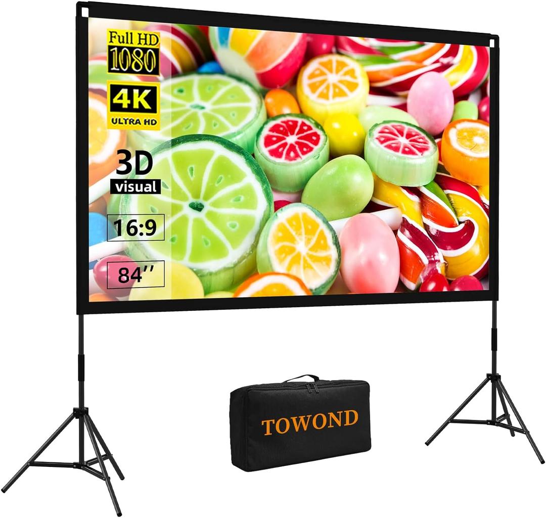 Projector Screen with Stand,84 inches Indoor Projector Screen Outdoor Portable 16:9 4K HD Rear Front Projection Movie Screen with Carry Bag Wrinkle-Free Design for Home Backyard Theater