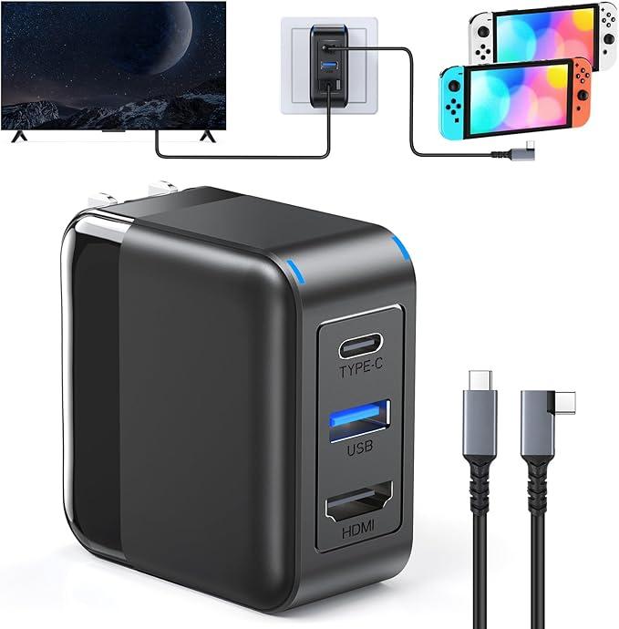 65W Switch Dock Adapter, (3-in-1) PD Charger Port+ 4K HDMI 2.1+UAB A Port, Switch Portable Dock for Nintendo Switch1/OLED/Steam Deck, SwitchCharger with 3FT Charging Cable