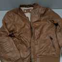 Brown faux leather bomber jacket with fleece lining, ribbed waistband and cuffs, zippered front pockets, S