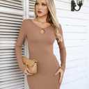 VICHYIE Women Square Neck Ribbed Bodycon Tight Dress Long Sleeve Mid Thigh Pencil Above Knee Dresses (Brown, XL)