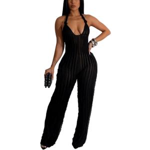 Adogirl Summer Sexy Halter Jumpsuits for Women V Neck Tie Knot Pleated Boho One Piece Wide Leg Long Pants Jumpsuit Romper (Medium, Black)