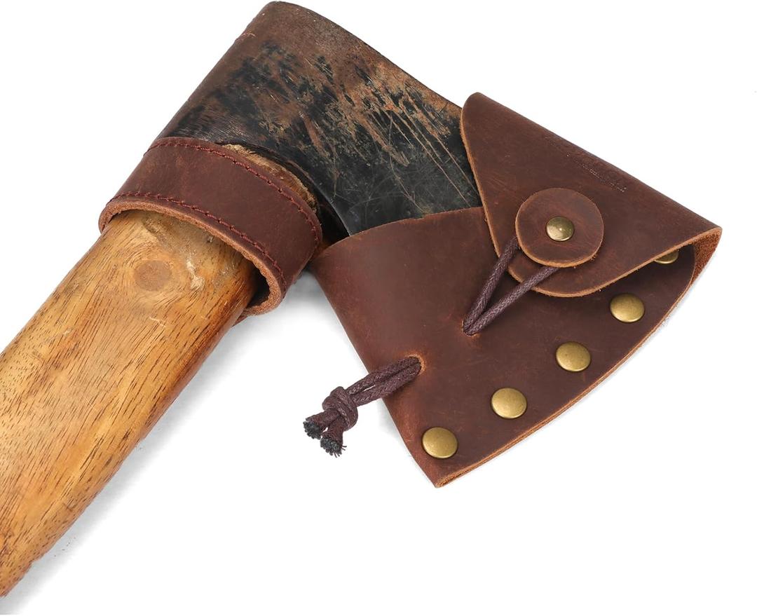 Wood Axe With 2-in-1 Camping Leather Hatchet Sheath Axe Head Cover Protector with Axe Handles Loop for Belt Attachment Outdoors Tools Accessories, Brown
