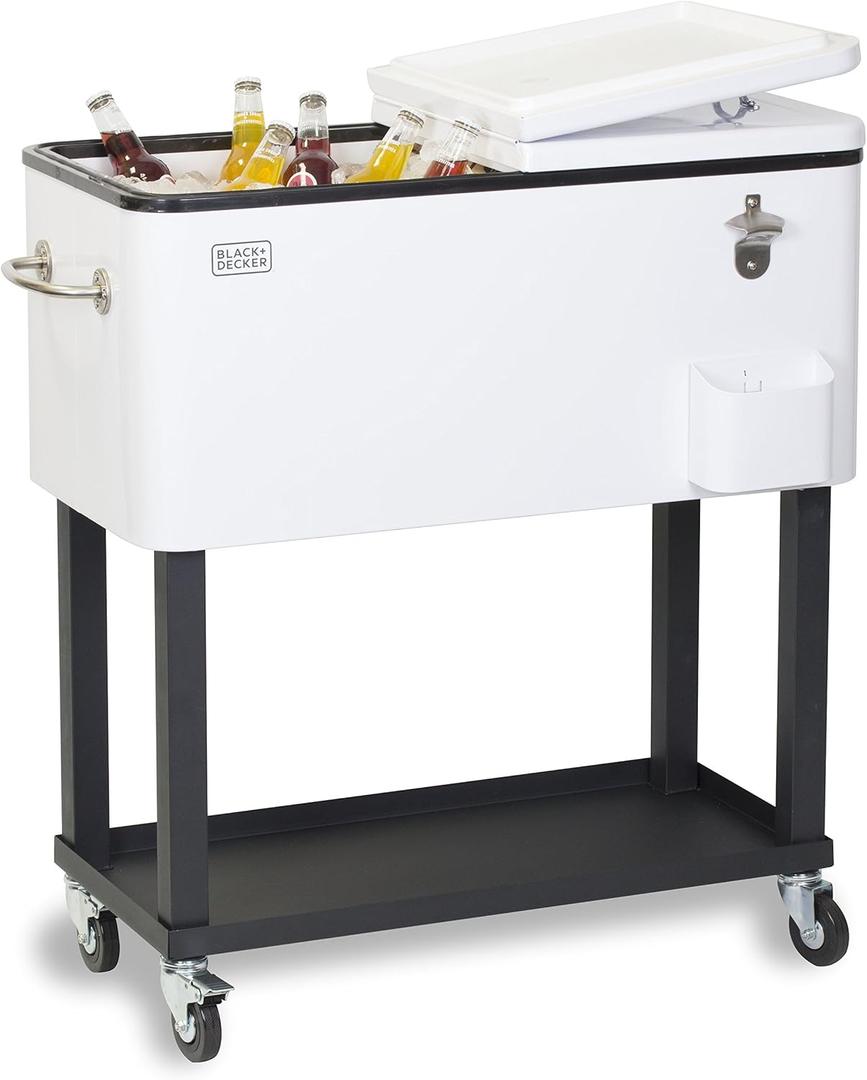 BLACK+DECKER Mobile Cooler on Wheels, 20 Gallon Insulated Rolling Cart with Stainless Steel Bottle Opener, Bar Cart with Wheels and Beverage Cooler with Drain, Ice Chest with Wheels, White