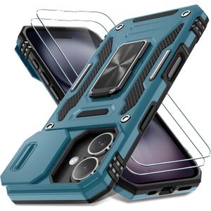 DEERLAMN Case for iPhone 16 with Slide Camera Cover+Screen Protector (2 Packs), Rotated Ring Kickstand Military Grade Shockproof Protective Cover-Light Blue