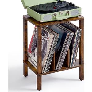 LELELINKY 2-Tier Record Player Stand with Vinyl Record Storage up to 100 Albums, Bedroom Record Holder and Multi-Functional End Table for Living Room, Brown, Set 1